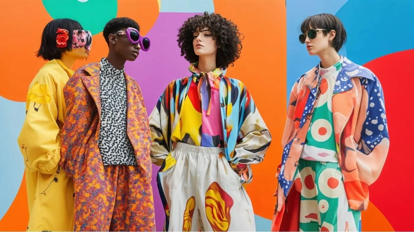 Mannequins portant des vêtements colorés et graphiques.