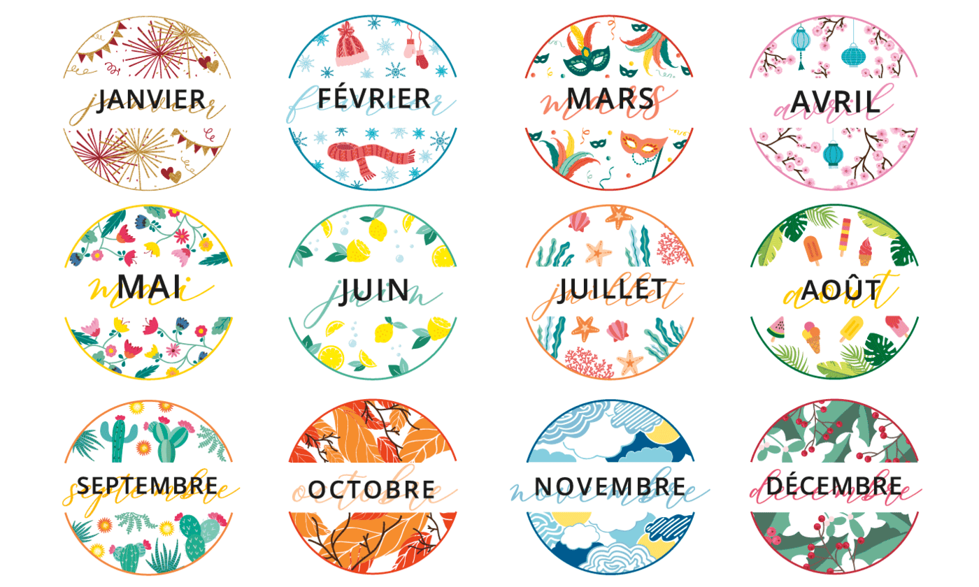 Illustration des douze mois de l’année avec des motifs saisonniers colorés.